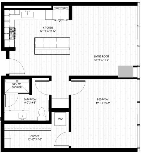 Floor plan for 1 bed, 1 bath, 768 sqft